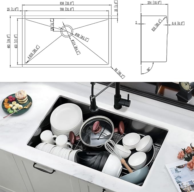 33 Inch Black Kitchen Sink and Faucet Combo Set-iAnomla 33x19 Undermount Sinks Black Stainless Steel Single Bowl Deep Kitchen Sink with Faucet Combo