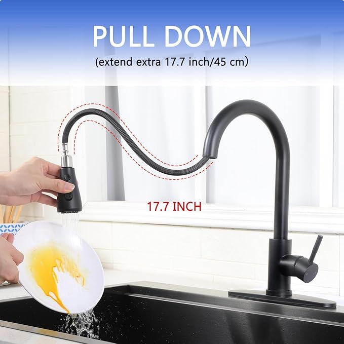 Black Kitchen Faucet with Pull Down Sprayer, Single Handle Kitchen Faucet Matte Black, Stainless Steel Suitable for 1 or 3 Hole Sinks for Farmhouse, RV, Laundry, Bar, RC-KYT010B-D