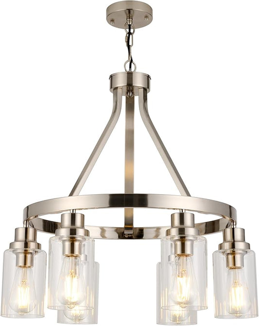 Brushed Nickel Chandeliers 6 Light Modern Dining Room Lighting Fixtures Hanging, Kitchen Island Linear Pendant Lights Farmhouse Flush Mount Ceiling Light with Glass Shade