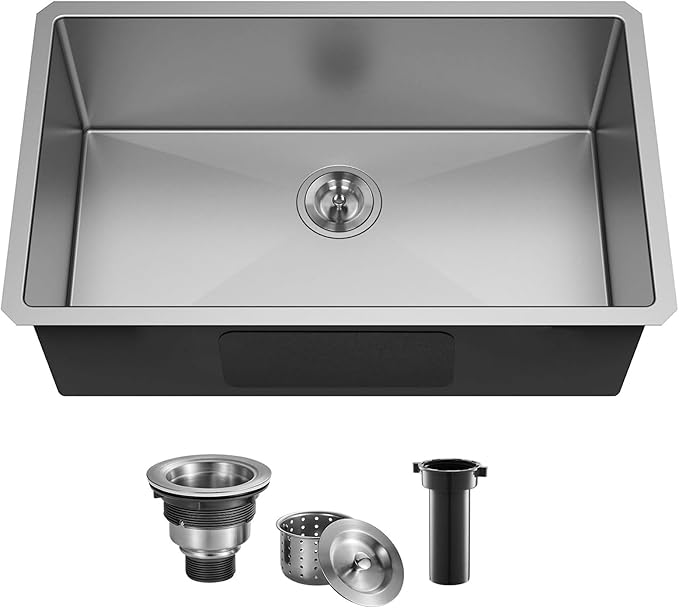 28 Inch Undermount Kitchen Sink, 28 x 18 Stainless Steel 16 Gauge 9 Inch Deep Single Bowl Basin Commercial Outdoor Kitchen Sink with Strainer