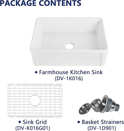 DeerValley Farmhouse Kitchen Sink 30 Inch, Ceramic White Farm Apron Front Sink, Drop in Single Bowl Sinks with Bottom Grid and Strainer