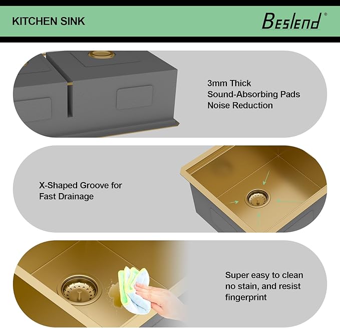 33 Gold Undermount Kitchen Sink - Beslend 33x19 Gold Double Bowl Kitchen Sinks Workstation 16 Gauge Stainless Steel Golden Sink Low Divide Double Basin 60/40