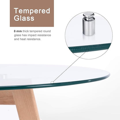 ivinta Round Dining Table for 4 People, 31.5" Modern Glass Kitchen Table with Tempered Glass Top and Wooden Legs for Dining Room, Living Room, RD-DT (Natural Wood)
