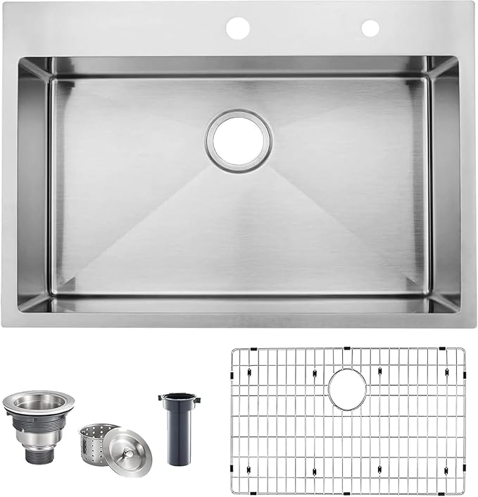 VAPSINT 28 Inch Drop in Kitchen Sink, 28x18 Inch Top Mount 16 Gauge Commercial T304 Stainless Steel Sink for Kitchen, 9 Inch Deep Handmade Single Bowl Basin Laundry Utility Wet Prep Sink, Fregadero