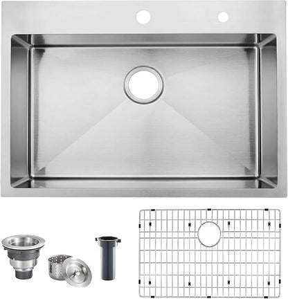VAPSINT 28 Inch Drop in Kitchen Sink, 28x18 Inch Top Mount 16 Gauge Commercial T304 Stainless Steel Sink for Kitchen, 9 Inch Deep Handmade Single Bowl Basin Laundry Utility Wet Prep Sink, Fregadero