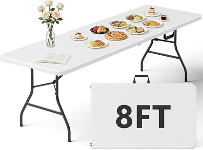 Folding Table 8FT Heavy Duty Plastic Table with Handle, Foldable&Portable, Fold-in-Half Utility Tables for Outdoor, Dining, Wedding, Events, Indoor, Picnic, Camping, Party, White