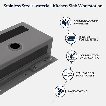 Logmey 33 Inch Waterfall Kitchen Sink Black Workstation Smart Sinks 33x22x9 Inch Drop In Kitchen Sink with faucet Combo Stainless Steel 16-Gauge Single Bowl Topmount Sinks