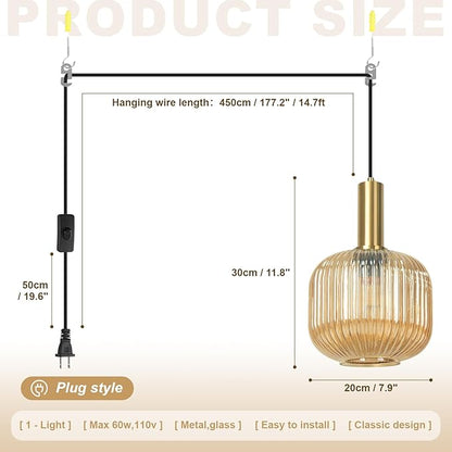 Amber Glass Plug in Pendant Light 2 Pack, Mid-Century Modern Gold Hanging Lamp, Ribbed Globe Hanging Light Plug in Swag Lights for Kitchen Island, Dining Room, Living Room, Bedroom