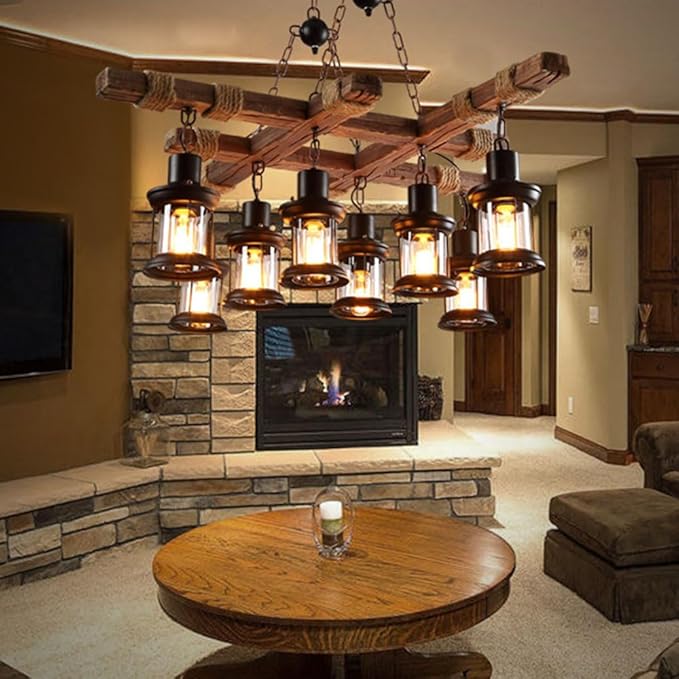 A Million 8 Lights Industrial Retro Wooden Chandelier Pendant Light Island Hanging Ceiling Fixture Vintage Farmhouse Wood Light Adjustable Chain for Home Cafe Bar Restaurant (39.4")