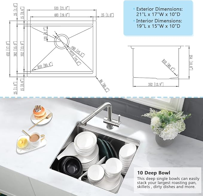 21 Inch Bar Sink Undermount-VASOYO 21x17 Inch Undermount Kitchen Sink Workstation Wet Bar Prep 16 Gauge Stainless Steel Single Bowl Under Mount Rv Sinks with Cutting Board