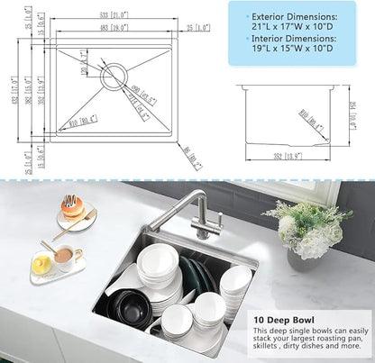 21 Inch Bar Sink Undermount-VASOYO 21x17 Inch Undermount Kitchen Sink Workstation Wet Bar Prep 16 Gauge Stainless Steel Single Bowl Under Mount Rv Sinks with Cutting Board