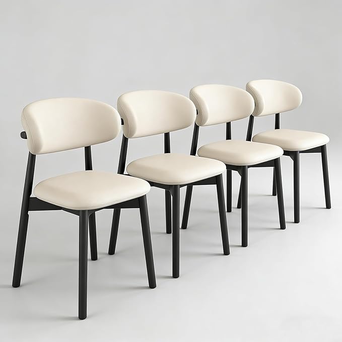 Farmhouse Dining Chairs, French Country Wooden Dinner Chairs with Curved Backrest Oak Frame,Rustic Upholstered Kitchen Chair for Living Room Vanity Lounge,4PCS Ebony/Beige Leather