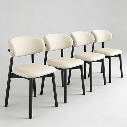 Farmhouse Dining Chairs, French Country Wooden Dinner Chairs with Curved Backrest Oak Frame,Rustic Upholstered Kitchen Chair for Living Room Vanity Lounge,4PCS Ebony/Beige Leather
