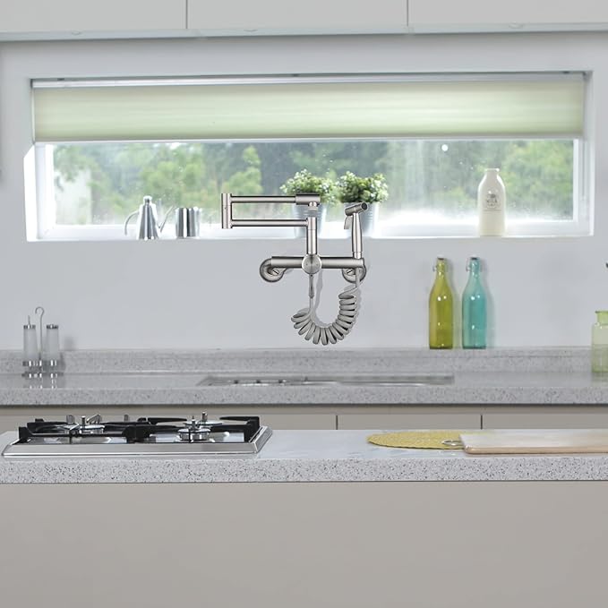 Wall Mount Kitchen Sink Faucet 4"/6"/8" Center, Folding Commercial Faucet, Pot Filler Faucet with Side Sprayer