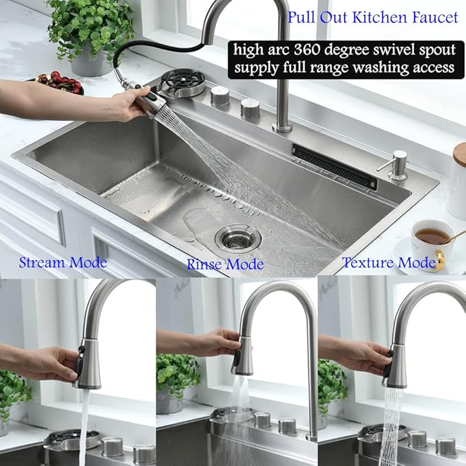 33 Inch Drop In Waterfall Kitchen Sink with Faucet Combo-Bokaiya 33x19 Drop In Sink with Cup Washer 16 Guage 10 Inch Deep Multifunctional Single Bowl Kitchen Sink Set