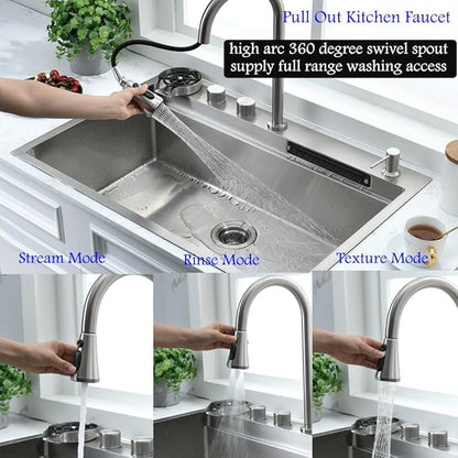 33 Inch Drop In Waterfall Kitchen Sink with Faucet Combo-Bokaiya 33x19 Drop In Sink with Cup Washer 16 Guage 10 Inch Deep Multifunctional Single Bowl Kitchen Sink Set