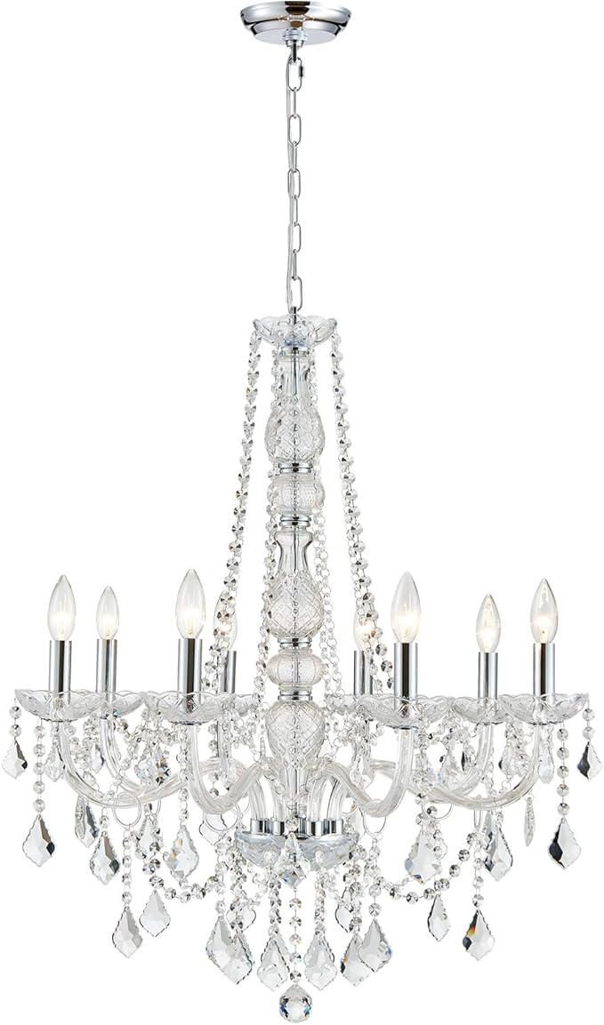 WUZUPS 8-Light Crystal Candle Chandelier Pendant Ceiling Light Modern Lighting Fixture for Bedroom Hallway Bar Kitchen Bathroom, H 35.4" W 27.6", E12 Base, Chrome