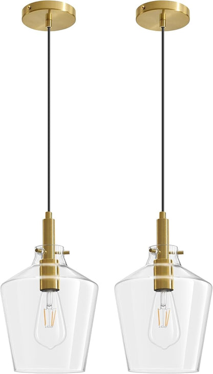 Modern Glass Pendant Lighting for Kitchen Island 2 Pack, Farmhouse Gold Pendant Light Fixtures, Adjustable Hanging Ceiling Light, Angled Clear Glass Shades 8 Inch