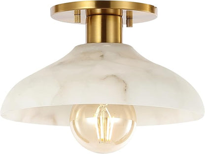 JONATHAN Y 10" White/Brass Gold Modern LED Semi Flush Mount Ceiling Fixture, Alabaster Shade for Hallway Bedroom Foyer, Mid-Century Dimmable Lamp, Edison LED Bulb Included JYL1207A