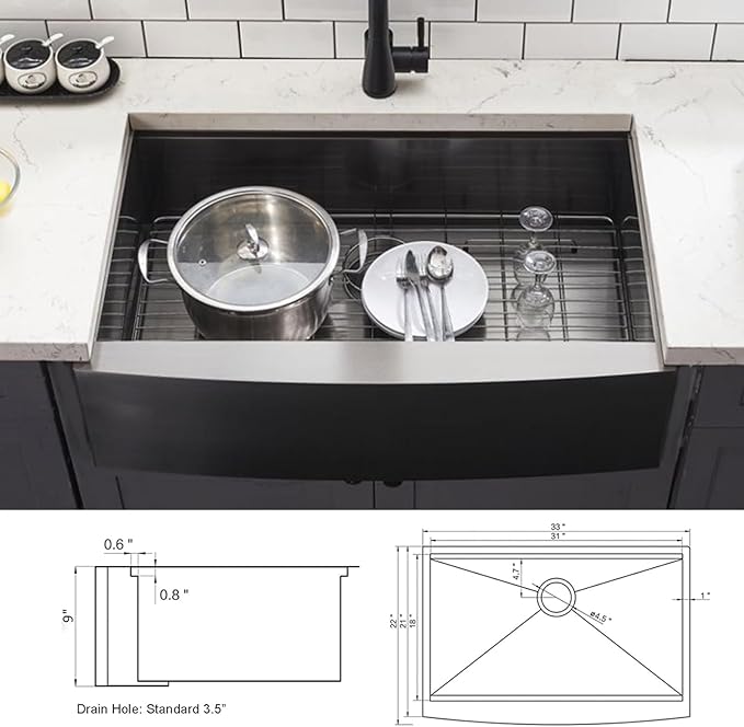 HOTIS 33 Inch Black Farmhouse Sink, Undermount Gunmetal Black Workstation Apron Front Kitchen Sink, 33 x 22 Stainless Steel Farm Sink 16 Gauge 9 Deep Single Bowl Kitchen Sink with Cutting Board