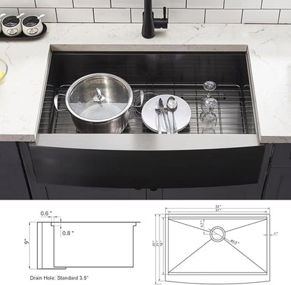HOTIS 33 Inch Black Farmhouse Sink, Undermount Gunmetal Black Workstation Apron Front Kitchen Sink, 33 x 22 Stainless Steel Farm Sink 16 Gauge 9 Deep Single Bowl Kitchen Sink with Cutting Board