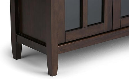 SIMPLIHOME Warm Shaker Storage Cabinet - 32 inch Wide Solid Wood 2-Shelf Low Storage Cabinet in Tobacco Brown, Transitional Accent Cabinet for Entryway with Tempered Glass Doors and Shelves