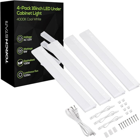 TORCHSTAR Plug in Under Cabinet Lighting, ETL Listed Linkable LED Under Cabinet Light Kit, Individual Control, 16 Inch, 4000K Cool White, 8W, Pack of 4