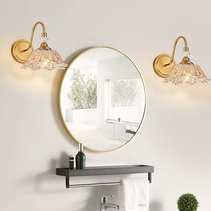 1 Piece Vintage Wall Sconce with Floral Amber Glass Shade, Matte Brass Finish Wall Sconce for Bathroom,Vintage Bathroom Vanity Light Fixture