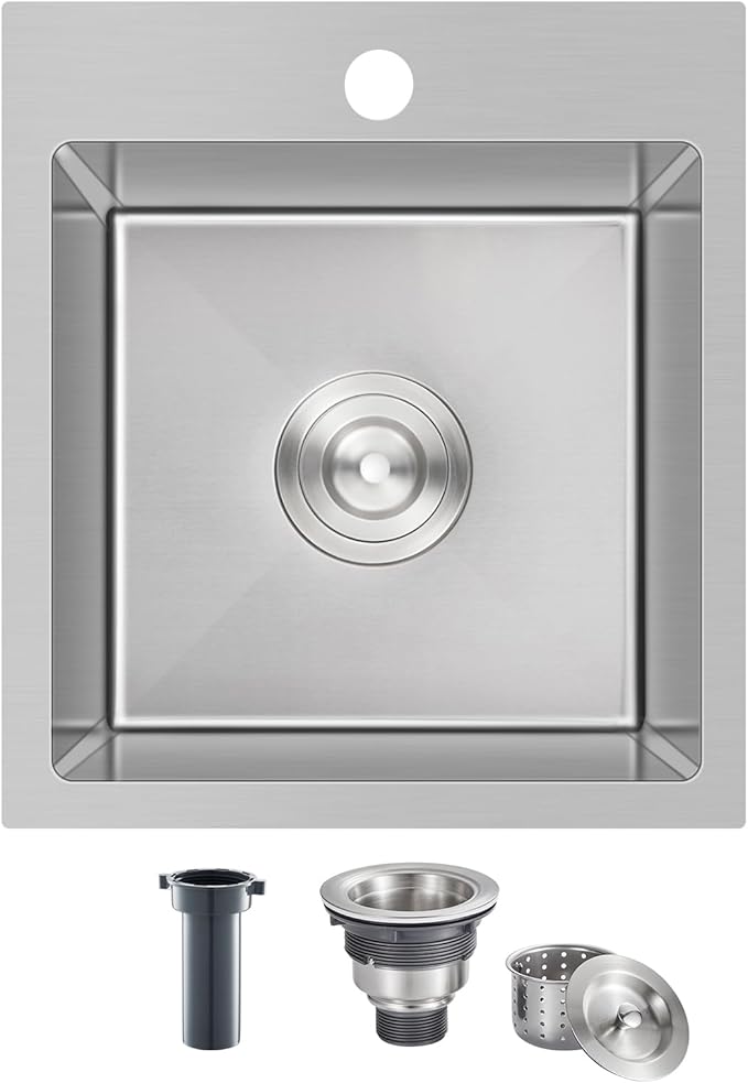 15 x 17 Inch Drop in Kitchen Sink with 1 Faucet Hole, Stainless Steel Topmount Bar Sink Single Bowl Handmade Kitchen Sink, Brushed