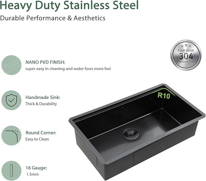 33 Inch Black Undermount Kitchen Sink Workstation- Couoko Matte Black 16 Gauge T304 Stainless Steel Single Bowl Undermount Sinks NANO PVD Large Deep Handmade Round Corner Sinks Basin, 33"x19"x9"