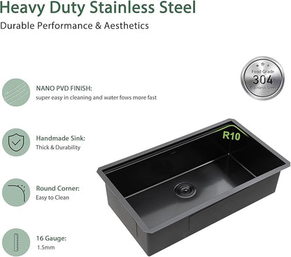 33 Inch Black Undermount Kitchen Sink Workstation- Couoko Matte Black 16 Gauge T304 Stainless Steel Single Bowl Undermount Sinks NANO PVD Large Deep Handmade Round Corner Sinks Basin, 33"x19"x9"