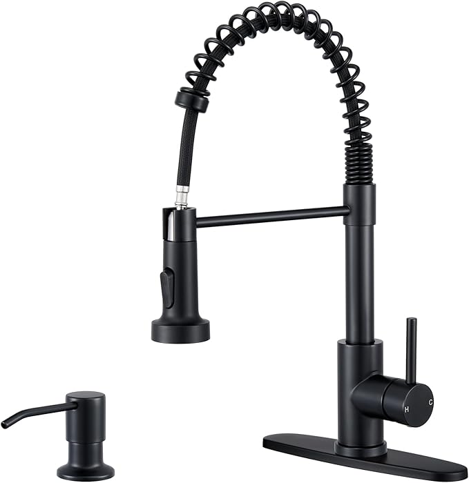 Kitchen Faucets with Sprayer, Matte Black High Arc Single Handle Spring Stainless Steel Kitchen Sink Faucet with Soap Dispenser, Utility Ideal for Farmhouse RV Laundry Commercial & Camper