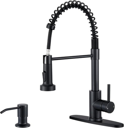 Kitchen Faucets with Sprayer, Matte Black High Arc Single Handle Spring Stainless Steel Kitchen Sink Faucet with Soap Dispenser, Utility Ideal for Farmhouse RV Laundry Commercial & Camper