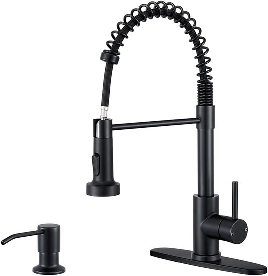 Kitchen Faucets with Sprayer, Matte Black High Arc Single Handle Spring Stainless Steel Kitchen Sink Faucet with Soap Dispenser, Utility Ideal for Farmhouse RV Laundry Commercial & Camper