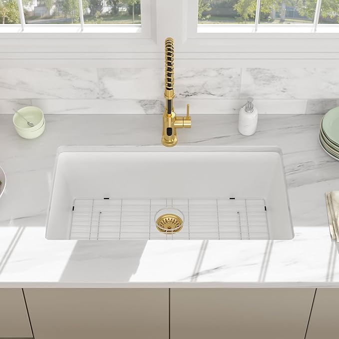 33 Granite Composite Kitchen Sink - Beslend 33x19 Inch Granite Kitchen Sink Undermount White Quartz Sink Classic Under Counter Single Bowl Sink Basin