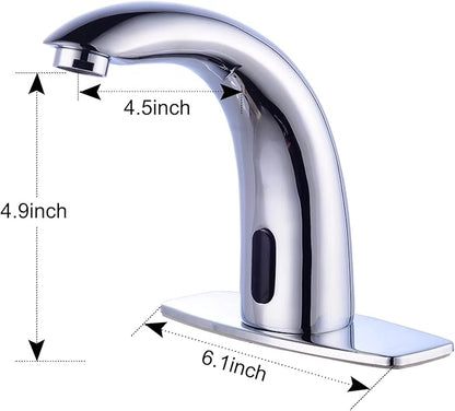 Automatic Touchless Bathroom Sink Faucet Motion Activated Sensor Faucets Hands Free Commercial Tap with Hole Cover Deck Plate Battery Operated Control Box Adjustable Temperature Mixer（Chrome）