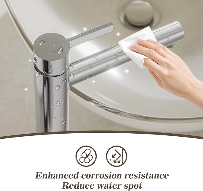 Phiestina Chrome 1 Hole Tall Bathroom Vessel Sink Faucet, Single Hole Single Handle High Bathroom Faucet, with Pop Up Drain and Water Supply Line,FH01-C-V