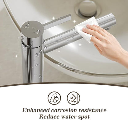 Phiestina Chrome 1 Hole Tall Bathroom Vessel Sink Faucet, Single Hole Single Handle High Bathroom Faucet, with Pop Up Drain and Water Supply Line,FH01-C-V