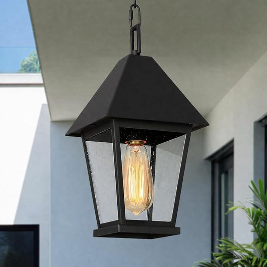 LOG BARN Outdoor Pendant Light Fixture, Modern Farmhouse Exterior Lights, Weatherproof Exterior Hanging Lantern with Seeded Glass for Front Door, Entry, Porch, and Gazebo