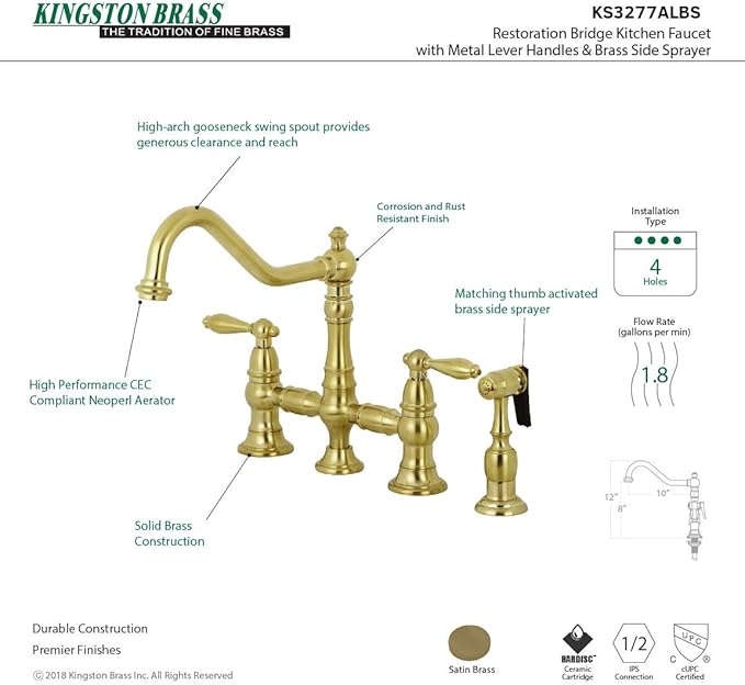 Kingston Brass KS3277ALBS Kitchen Faucet with Side Sprayer, Brushed Brass, 13.06 x 14.06 x 9.44