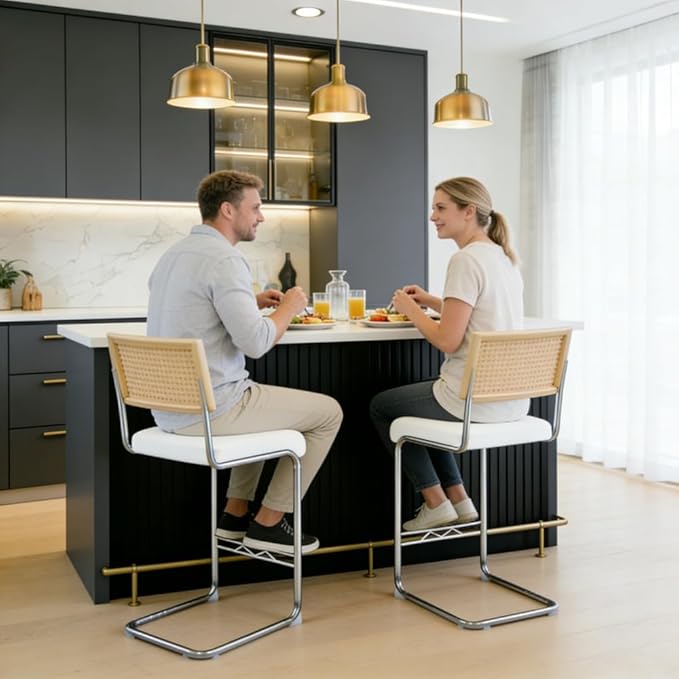 Counter Height Dining Set with Rattan Back Stools,Bar Table with 2 Drawers,Upholstered Kitchen Island Chairs,Chrome Cantilever Frame,Modern Furniture for Dining Room (No Table,4 White Chairs)