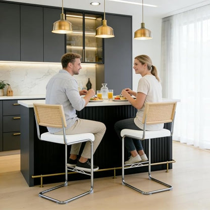 Counter Height Dining Set with Rattan Back Stools,Bar Table with 2 Drawers,Upholstered Kitchen Island Chairs,Chrome Cantilever Frame,Modern Furniture for Dining Room (No Table,4 White Chairs)