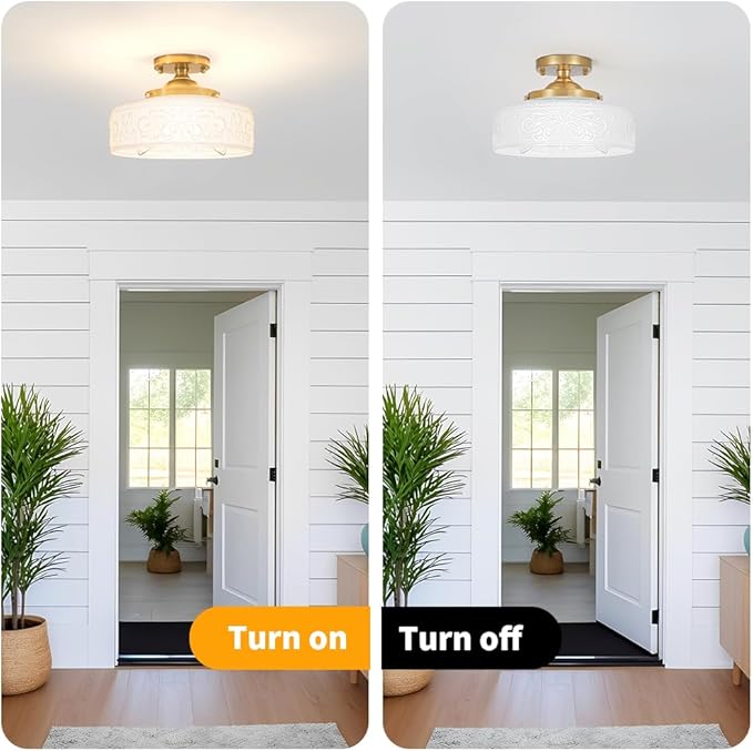 Daunton Gold Semi Flush Mount Ceiling Light with Hand-Carved Design - 12 Inch Vintage White Glass Shade with Etched Patterns, Easy Install 3-Light Fixture for Hallway, Kitchen, Bedroom