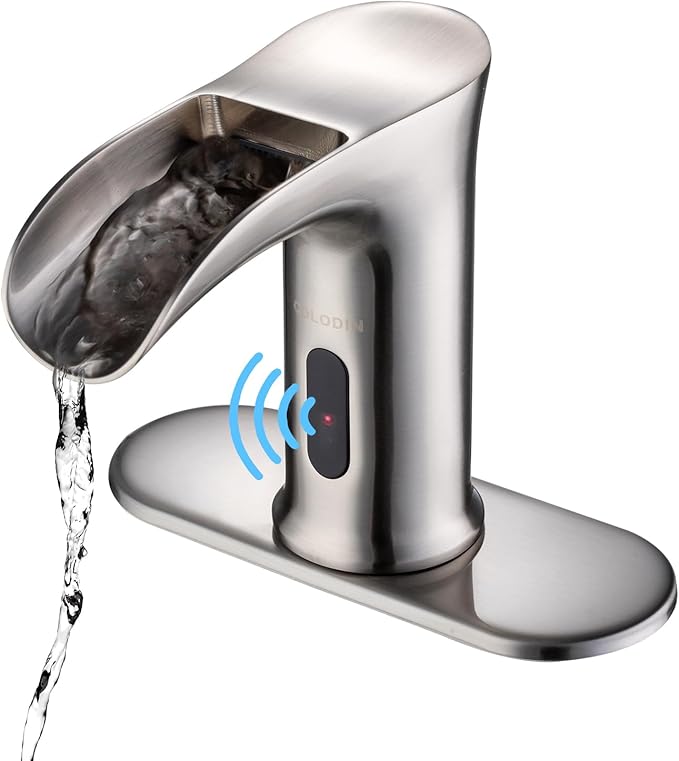 Automatic Sensor Touchless Waterfall Bathroom Sink Faucet, Modern Electronic Sensor Lavatory Faucet, Brushed Nickel Hands Free Vanity Faucets with Control Box and Temperature Mixer
