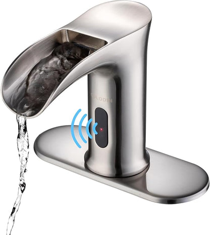 Automatic Sensor Touchless Waterfall Bathroom Sink Faucet, Modern Electronic Sensor Lavatory Faucet, Brushed Nickel Hands Free Vanity Faucets with Control Box and Temperature Mixer