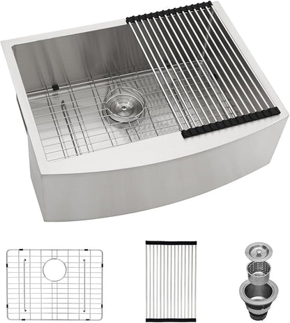 Logmey 27 Farmhouse Sink - 27x20 Inch Apron Front 16 Gauge Stainless Steel Sink Stainless Farm Sink Single Bowl Kitchen Sink