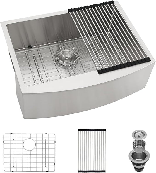 Logmey 27 Farmhouse Sink - 27x20 Inch Apron Front 16 Gauge Stainless Steel Sink Stainless Farm Sink Single Bowl Kitchen Sink