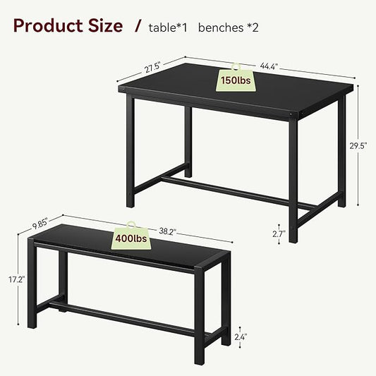 CABIHOME Dining Table Set for 4 with 2 Benches, Kitchen Table Set for 4-6 with Corner Protector, Dining Table and 2 Benches with H-Shaped Frame for Small Space, Kitchen, Apartment，Black