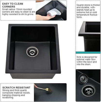 15 Inch Black Bar Sink Undermount Quartz-iAnomla 15x15 Undermount Bar Sink Black Bar Prep Sink Quartz Composite Small Rv Kitchen Sink Single Bowl Mini Kitchen Sink with Bottom Grid