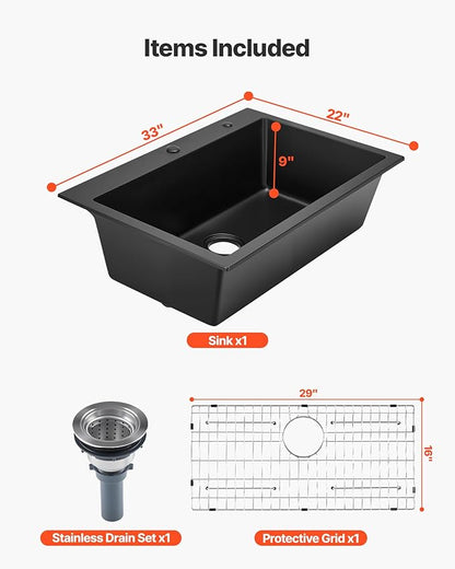 VEVOR 33 inch Kitchen Sink Workstation, Top Mount Granite Sinks, Drop-In Single Bowl Farmhouse Basin with Multiple Accessories, Household Dishwasher Sinks (22"D x 33"W x 9"H)